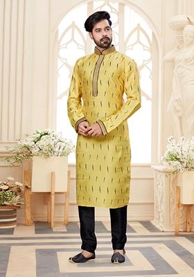 Lemon Yellow Thread Embroidered Silk Kurta Set For Men