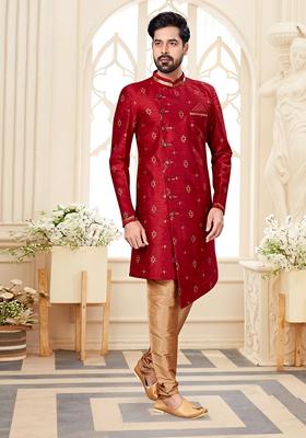 Maroon Printed Silk Indo Western Sherwani Set For Men