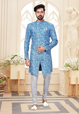 Blue Printed Jacquard Indo Western Sherwani Set For Men