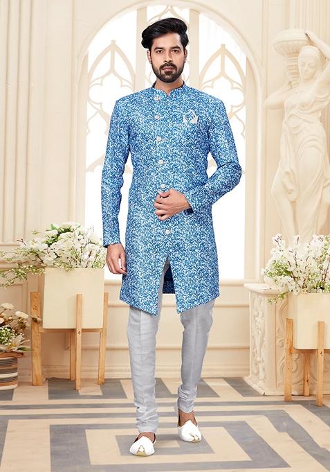 Blue Printed Jacquard Indo Western Sherwani Set For Men