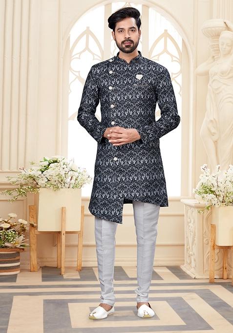 Black Printed Jacquard Indo Western Sherwani Set For Men