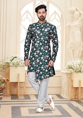 Blue Printed Jacquard Indo Western Sherwani Set For Men