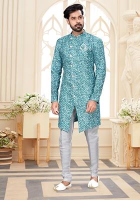 Sea Blue Printed Jacquard Indo Western Sherwani Set For Men