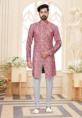 Dark Maroon Printed Jacquard Indo Western Sherwani Set For Men