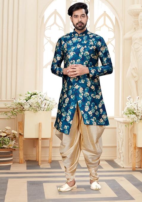 Blue Printed Jacquard Indo Western Sherwani Set For Men