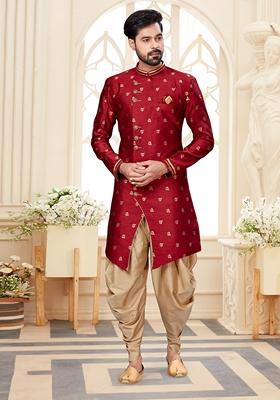 Maroon Embroidered Jacquard Indo Western Sherwani Set For Men