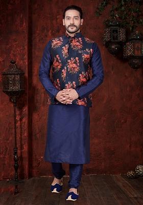 Navy Blue Printed Art Silk Nehru Jacket Set For Men
