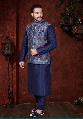Navy Blue Printed Art Silk Nehru Jacket Set For Men