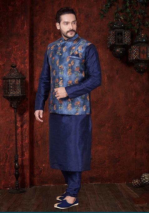 Navy Blue Printed Art Silk Nehru Jacket Set For Men