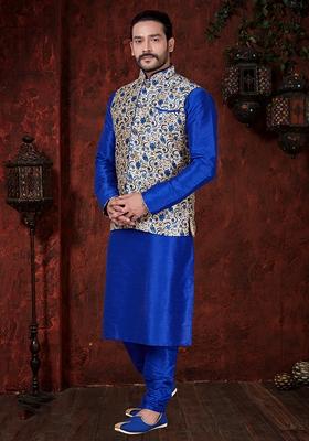 Royal Blue Printed Art Silk Nehru Jacket Set For Men