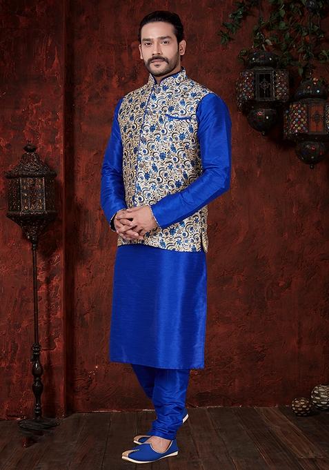 Royal Blue Printed Art Silk Nehru Jacket Set For Men