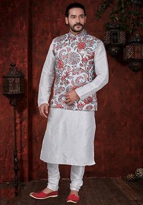 Off White Printed Art Silk Nehru Jacket Set For Men
