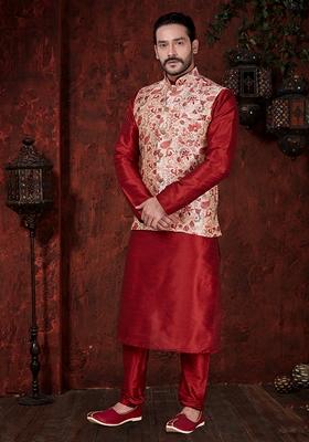 Maroon Printed Art Silk Nehru Jacket Set For Men