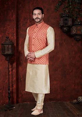Fawn Yellow Khadi Print Art Silk Nehru Jacket Set For Men