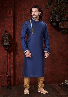Navy Blue Embroidered Silk Kurta Set For Men