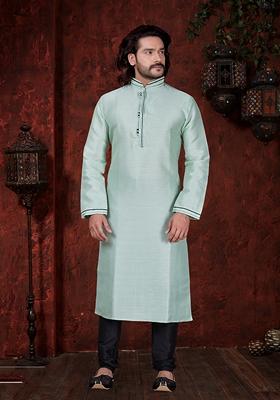Firozi Blue Embroidered Silk Kurta Set For Men