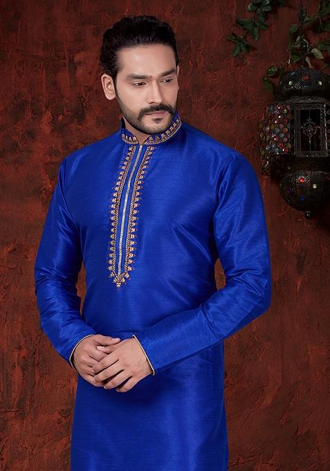 Aqua Blue Silk Kurta Set For Men With Hand Embroidery And Floral Print main image 1