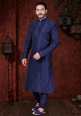Navy Blue Embroidered Art Silk Kurta Set For Men