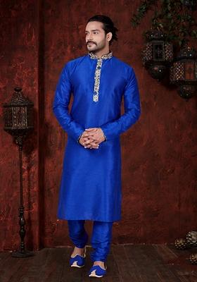 Royal Blue Embroidered Art Silk Kurta Set For Men