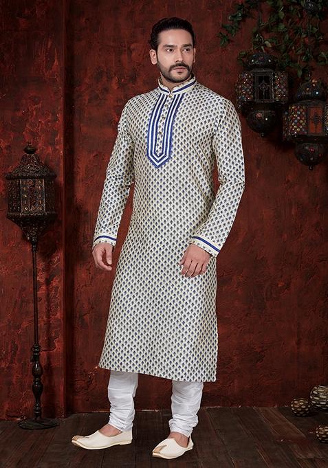 Fawn Yellow Embroidered Poly Blend Kurta Set For Men