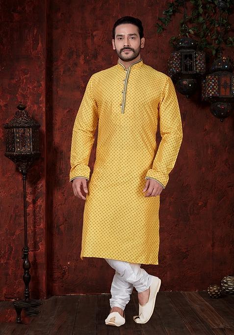 Yellow Embroidered Poly Blend Kurta Set For Men