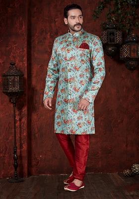 Sky Blue Printed Jacquard Indo Western Sherwani Set For Men