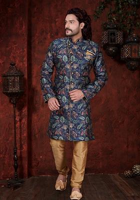Navy Blue Printed Silk Indo Western Sherwani Set For Men