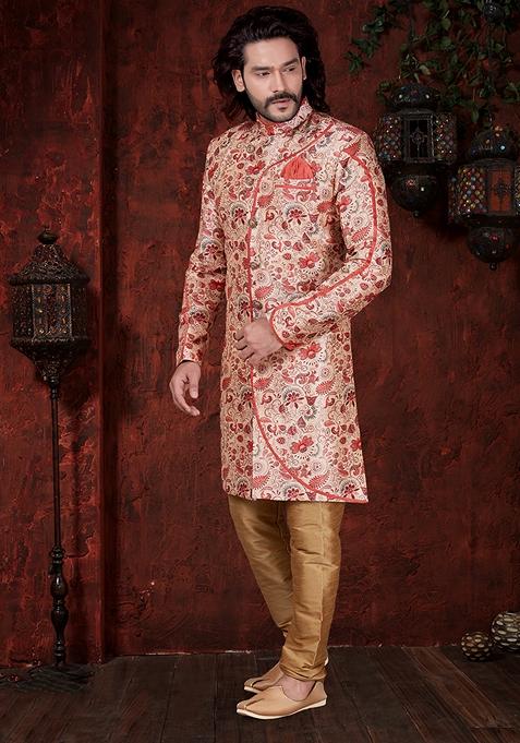 Cream Printed Silk Indo Western Sherwani Set For Men