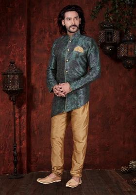 Dark Green Printed Silk Indo Western Sherwani Set For Men