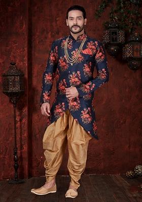 Navy Blue Printed Silk Indo Western Sherwani Set For Men