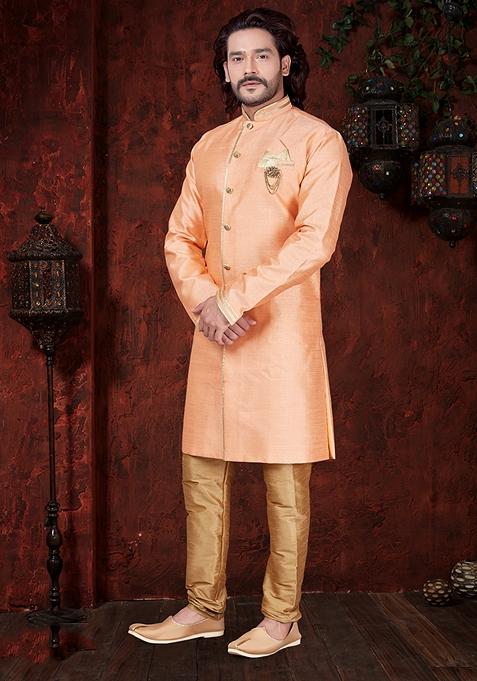 Light Orange Embroidered Silk Indo Western Sherwani Set For Men