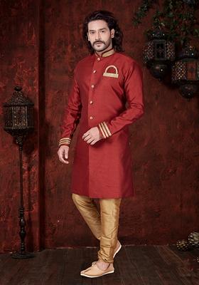 Dark Maroon Embroidered Silk Indo Western Sherwani Set For Men