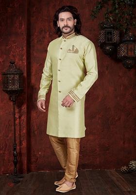 Pista Green Embroidered Silk Indo Western Sherwani Set For Men