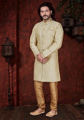 Cream Jarna Print Poly Blend Indo Western Sherwani Set For Men
