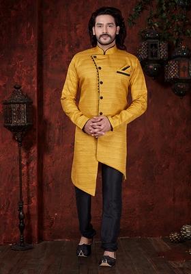 Yellow Embroidered Silk Indo Western Sherwani Set For Men