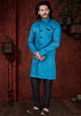 Dark Sky Blue Embroidered Silk Indo Western Sherwani Set For Men