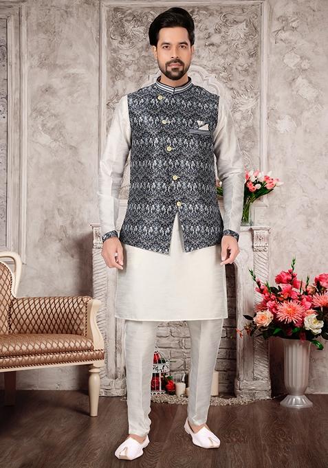 White Embroidered Silk Jacket Set For Men