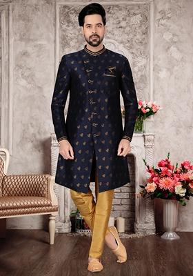 Navy Blue Zari Work Jacquard Indo Western Sherwani Set For Men