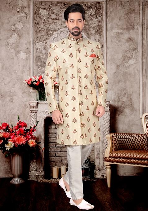 Cream Embroidered Jacquard Indo Western Sherwani Set For Men