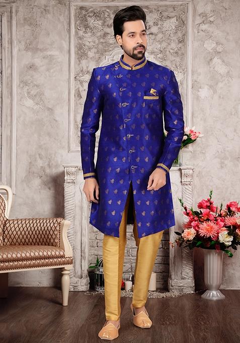 Royal Blue Zari Work Jacquard Indo Western Sherwani Set For Men