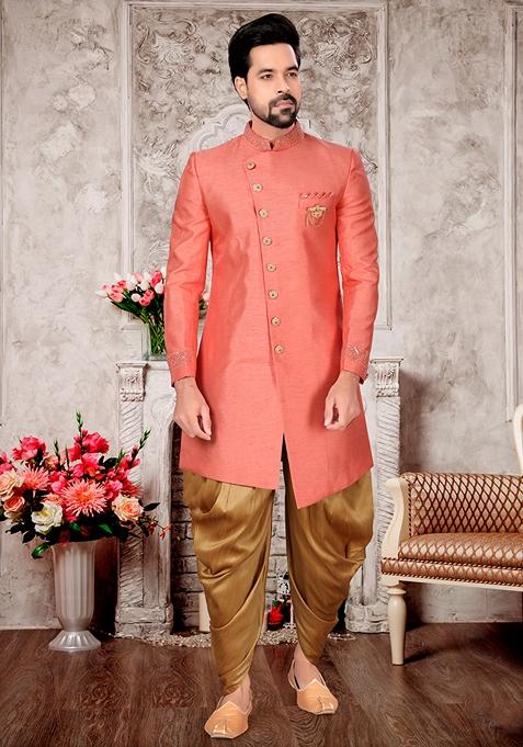 Peach Embroidered Silk Indo Western Sherwani Set For Men