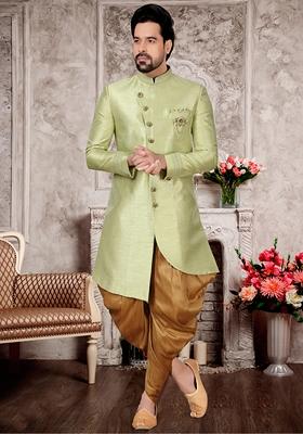 Light Mehendi Green Embroidered Silk Indo Western Sherwani Set For Men