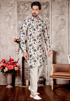 Off White Printed Jacquard Indo Western Sherwani Set For Men