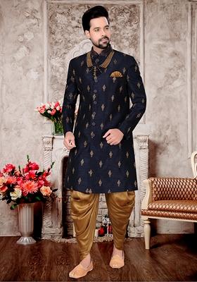 Navy Blue Embroidered Jacquard Indo Western Sherwani Set For Men