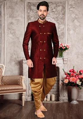 Dark Maroon Embroidered Silk Indo Western Sherwani Set For Men