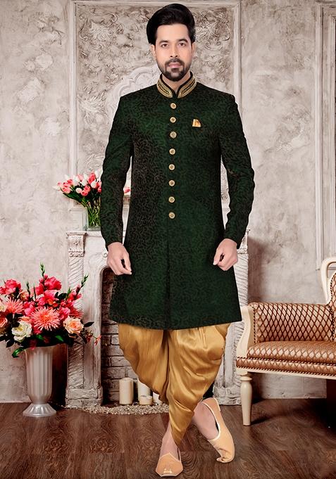 Bottle Green Embroidered Velvet Indo Western Sherwani Set For Men