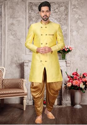 Yellow Embroidered Silk Indo Western Sherwani Set For Men