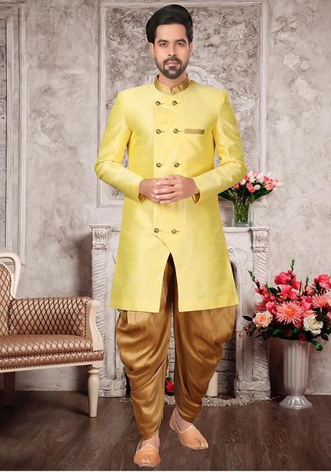 Yellow Embroidered Silk Indo Western Sherwani Set For Men