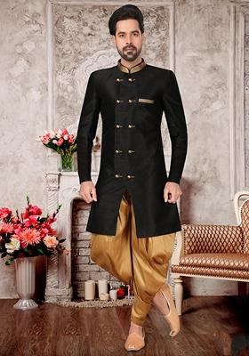 Black Embroidered Silk Indo Western Sherwani Set For Men