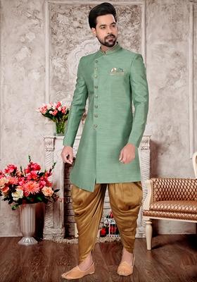 Pastel Green Embroidered Silk Indo Western Sherwani Set For Men